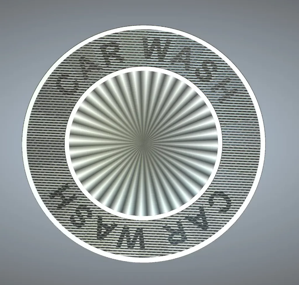 A digital render of a metal multiview token with a latent image of the text "Car Wash"